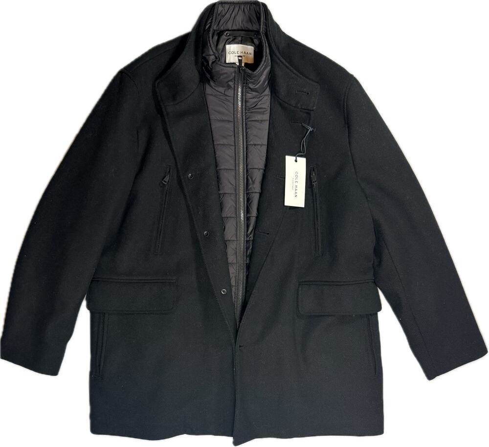 New COLE HAAN Melton Wool Car Coat Inner Bib Jacket Sz XXL Black
